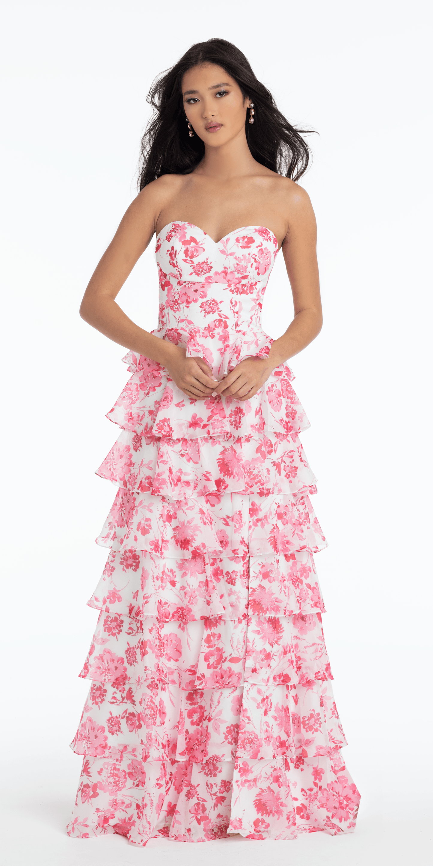 Camille La Vie Floral Print Strapless Chiffon Tiered A Line Dress missy / 00 / white-pink
