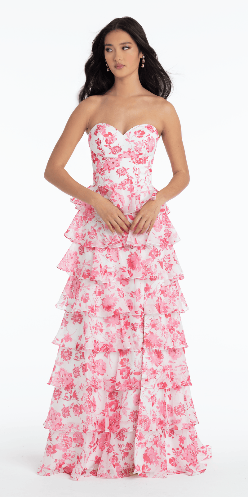 Floral Print Strapless Chiffon Tiered A Line Dress – Camille La Vie