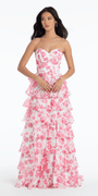 Camille La Vie Floral Print Strapless Chiffon Tiered A Line Dress