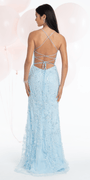 Camille La Vie Mesh Pearl Beaded Strappy Back Column Dress with Sweep Train