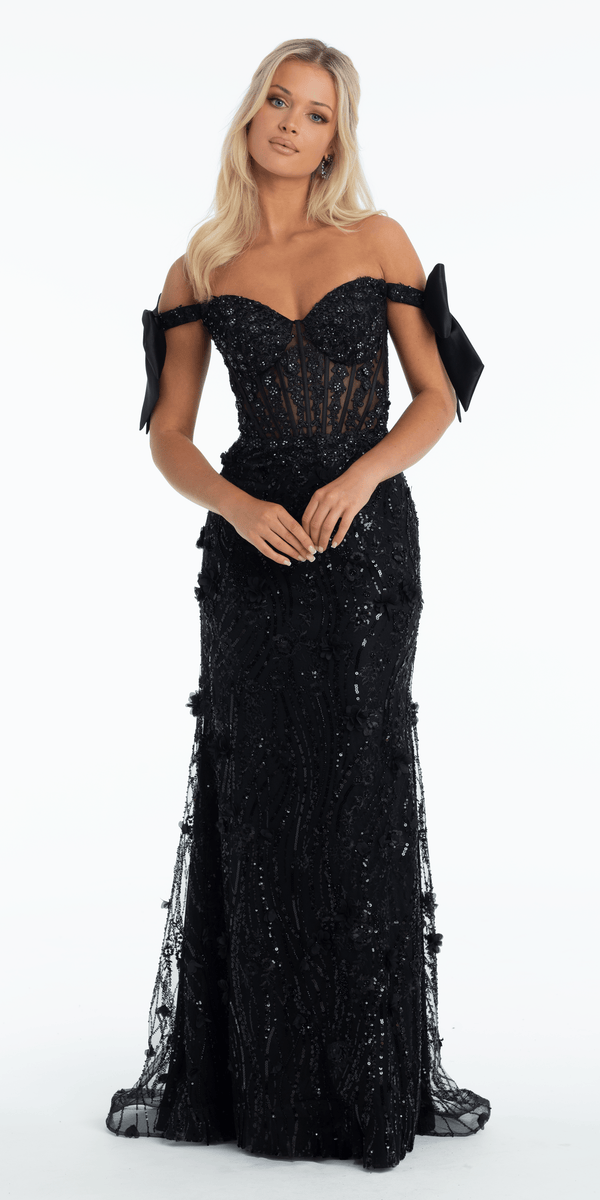 black/size/4/missy/Camille La Vie/Mesh Off the Shoulder Stone Corset Trumpet Dress with 3 D Appliques/front