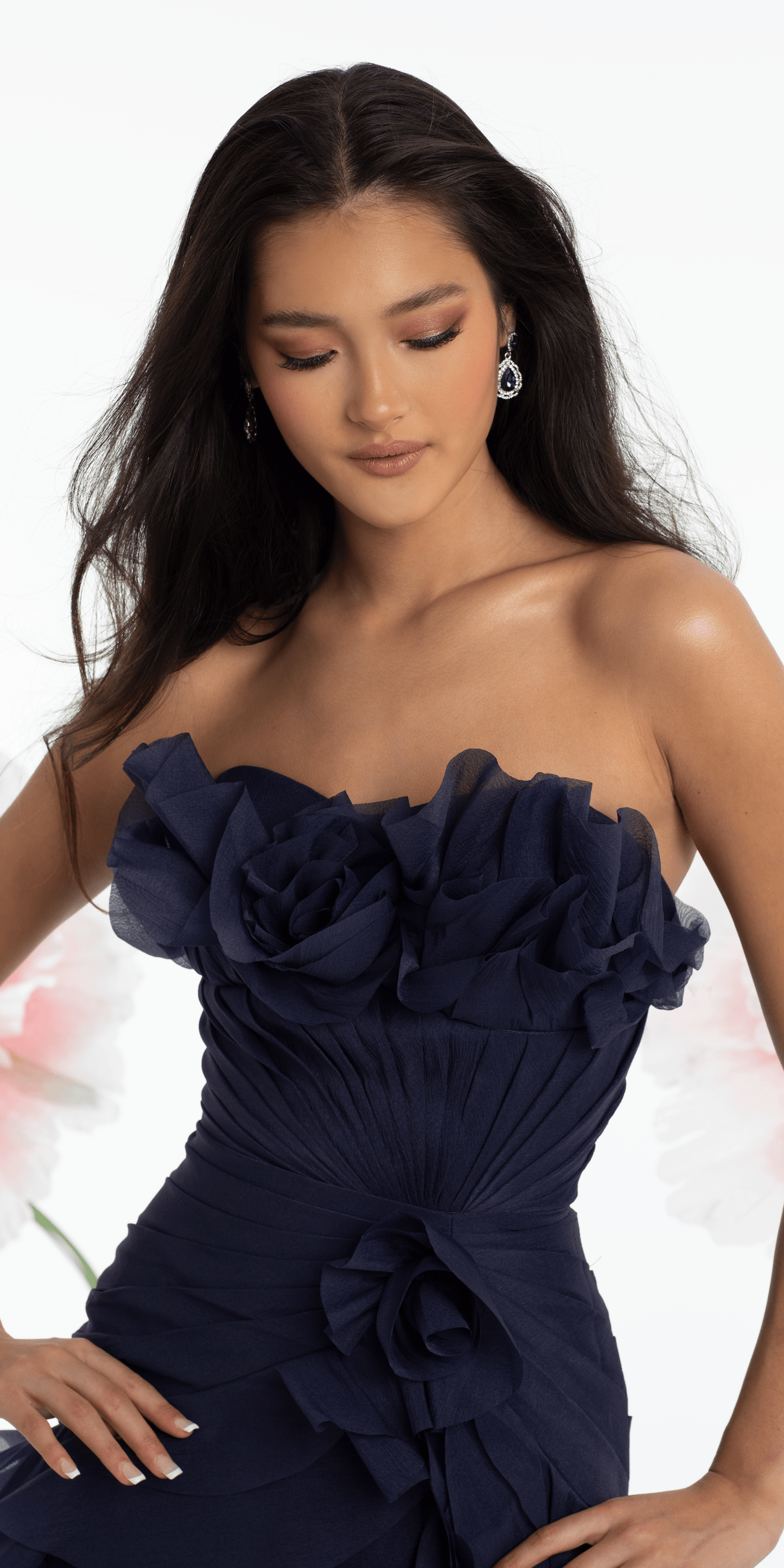 Camille La Vie Strapless Crinkle Chiffon Pleated A Line Dress with Tendrils