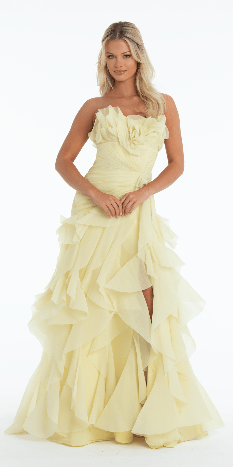 Strapless Crinkle Chiffon Pleated A line Dress with Tendrils Camille La Vie Strapless Crinkle Chiffon Pleated A line Dress with Tendrils Camille La Vie