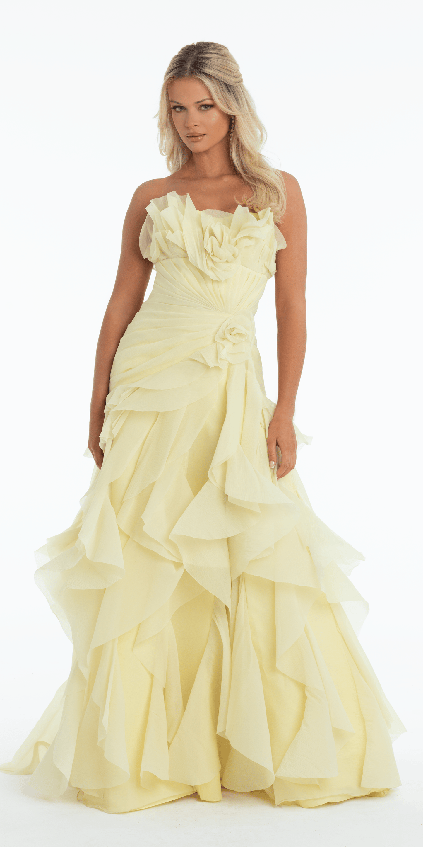 light-yellow/size/0/missy/Camille La Vie /Strapless Crinkle Chiffon Pleated A Line Dress with Tendrils/front alt