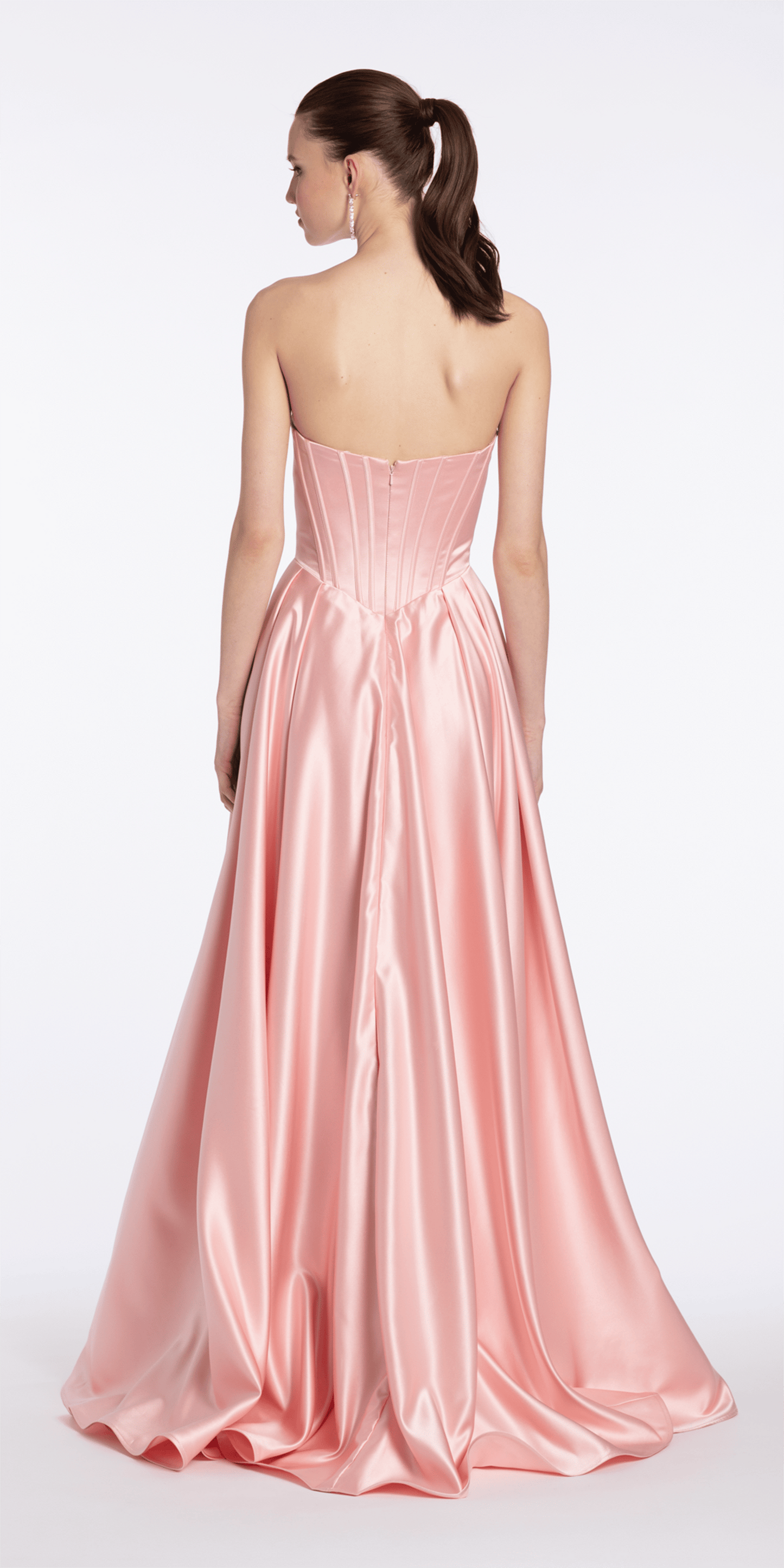 Camille La Vie Strapless Satin Rhinestone Corset Dress with Convertible Side Drape