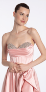 Camille La Vie Strapless Satin Rhinestone Corset Dress with Convertible Side Drape