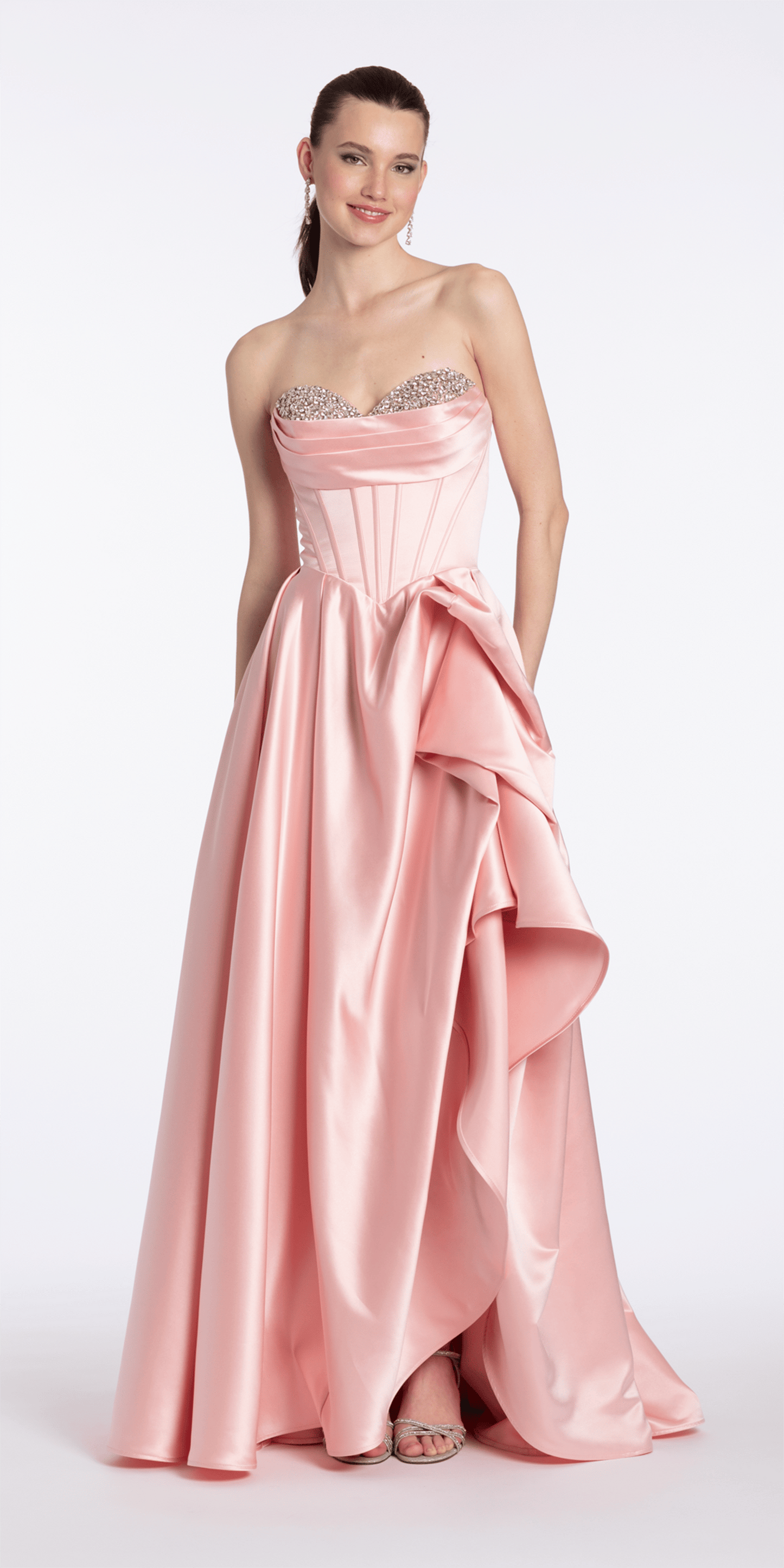 Camille La Vie Strapless Satin Rhinestone Corset Dress with Convertible Side Drape