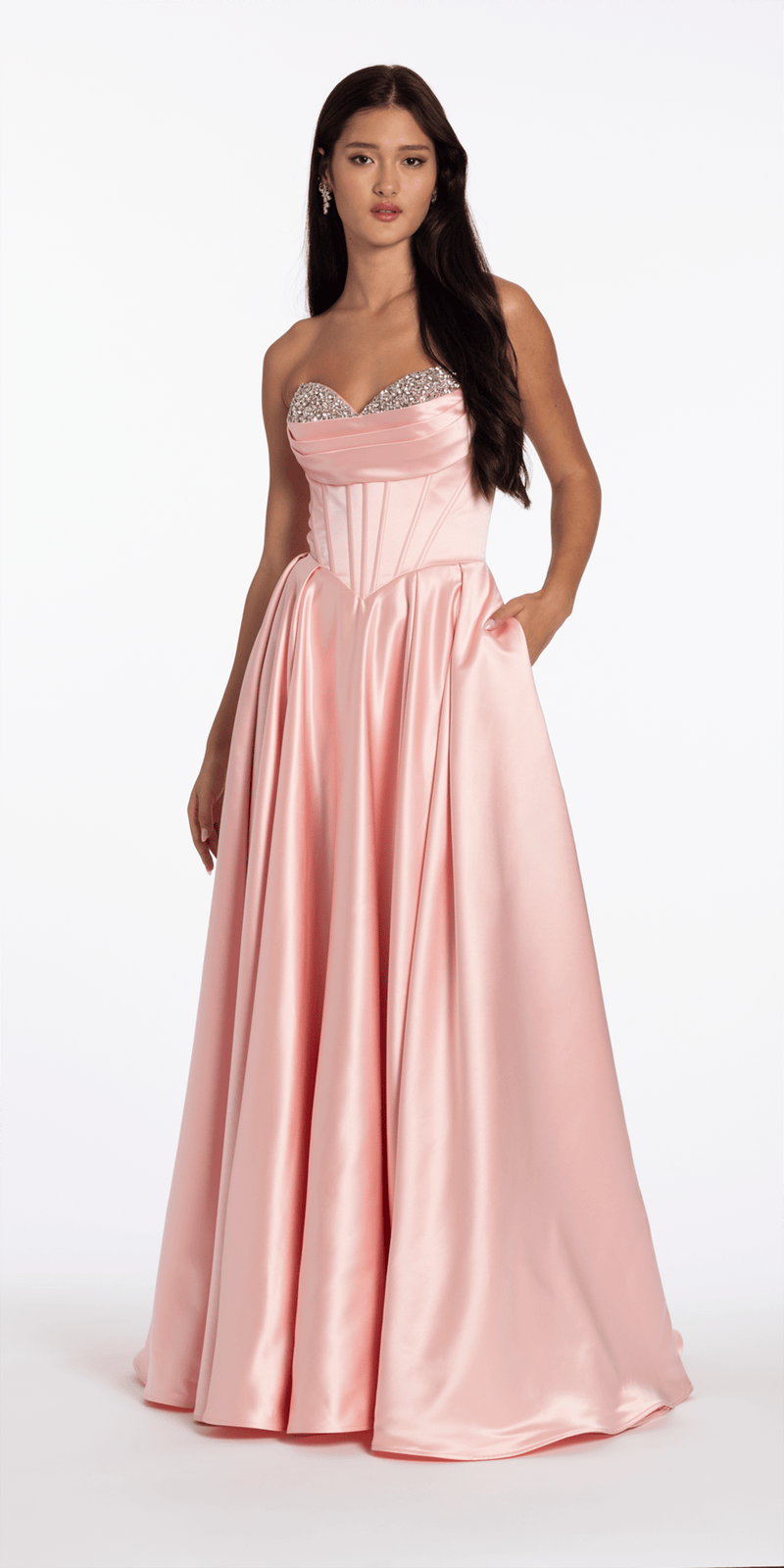 Camille La Vie Strapless Satin Rhinestone Corset Dress with Convertible Side Drape