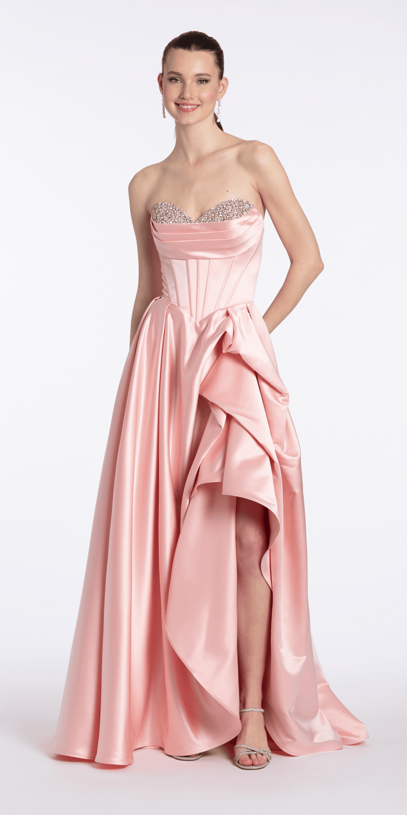 Camille La Vie Strapless Satin Rhinestone Corset Dress with Convertible Side Drape missy / 0 / light-pink