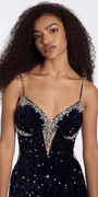 navy/size/4/missy/Camille La Vie/Sequin Velvet Plunging Column Dress with Rhinestone Detail/close up alt