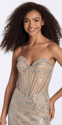 silver/size/4/missy/Camille La Vie/Strapless Rhinestone Illusion Glitter Mesh Corset Column Dress/closeup