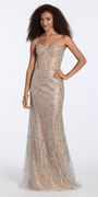 silver/size/4/missy/Camille La Vie/Strapless Rhinestone Illusion Glitter Mesh Corset Column Dress/front
