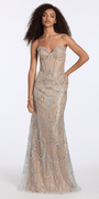 silver/size/4/missy/Camille La Vie/Strapless Rhinestone Illusion Glitter Mesh Corset Column Dress/front alt