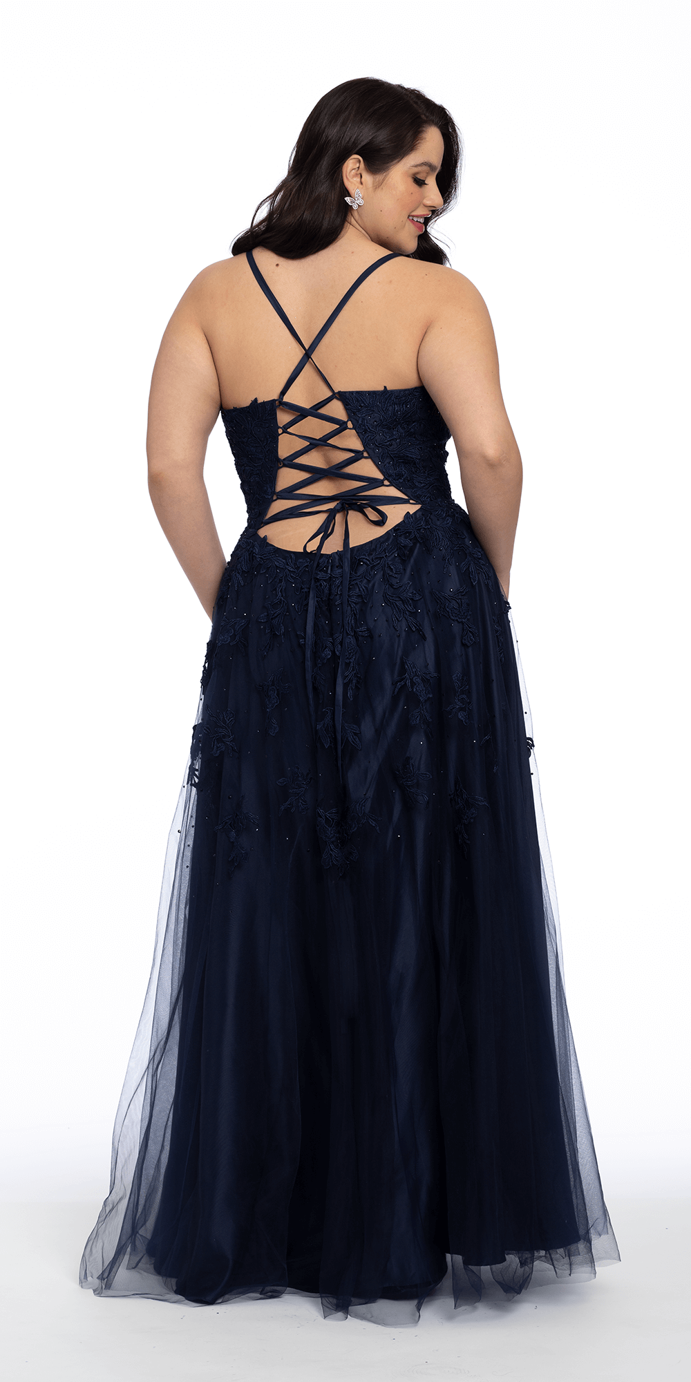 Camille La Vie Mesh Applique Plunging Lace Up A Line Dress