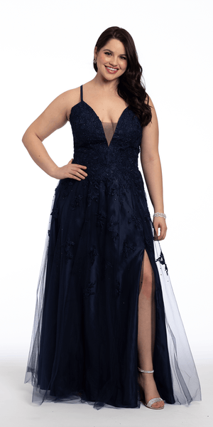 Mesh Applique Plunging Lace Up A Line Dress Image 1