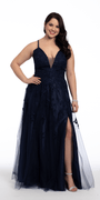 Mesh Applique Plunging Lace Up A Line Dress Image 1