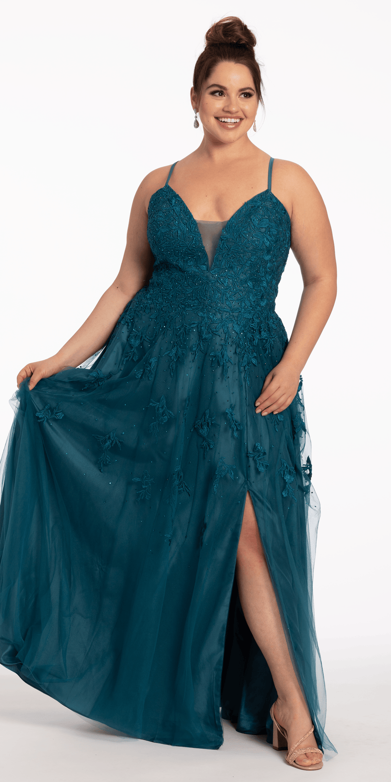 knee length dresses for ladies Mesh Applique Plunging Lace Up A Line Dress – Camille La Vie