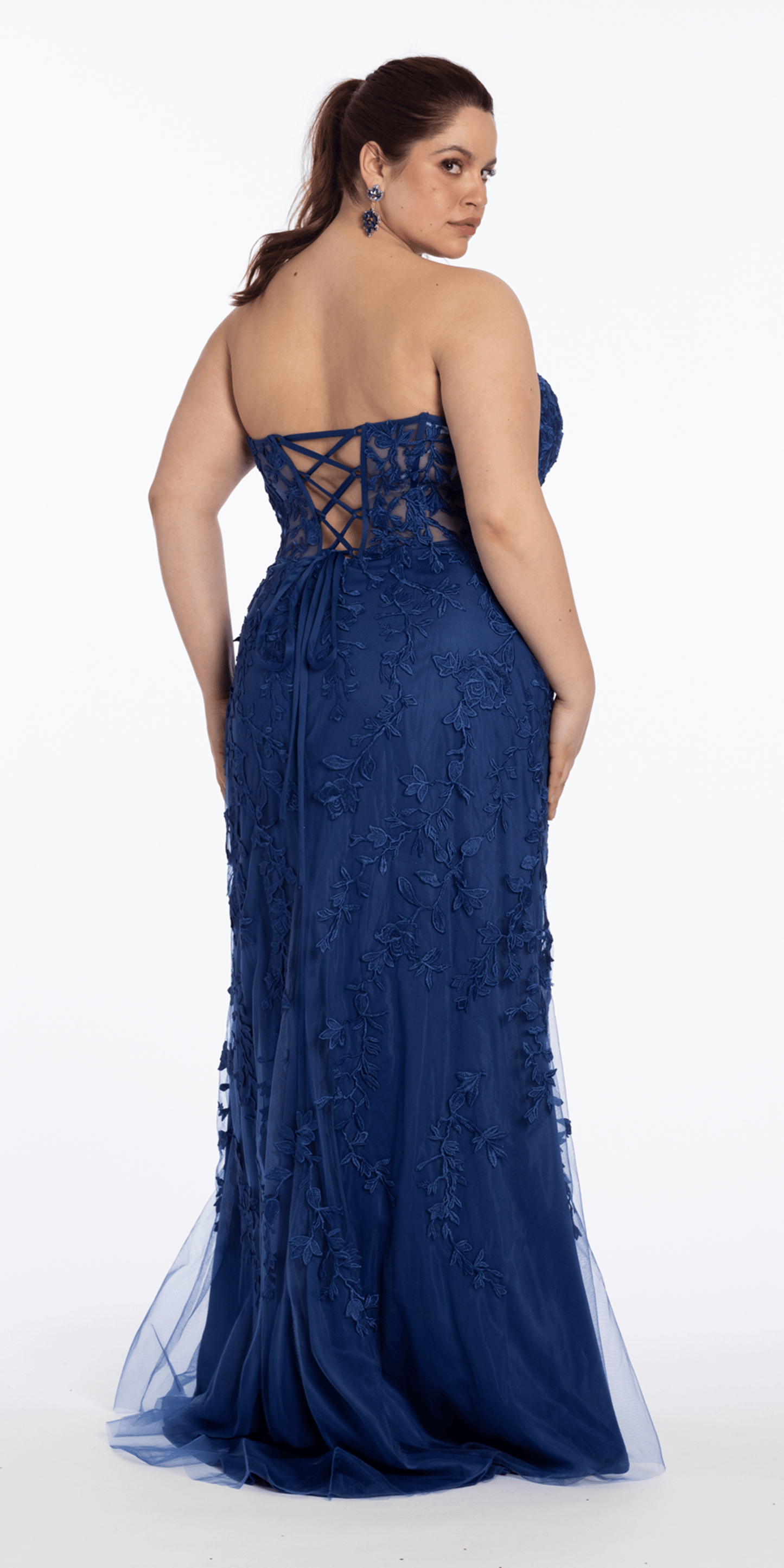 Strapless Mesh Embroidered Lace Up Back Column Dress plus / 20 / navy