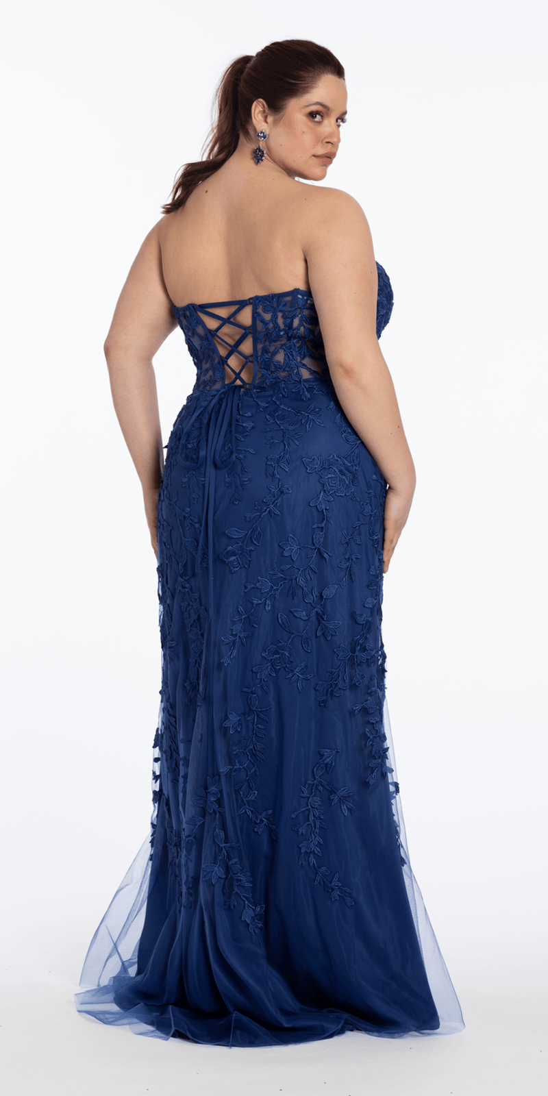 Strapless Mesh Embroidered Lace Up Back Column Dress Petite / 6 / Pink
