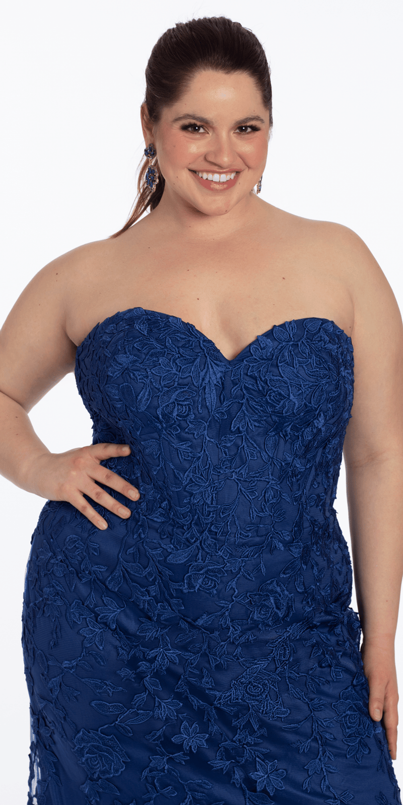 Strapless Mesh Embroidered Lace Up Back Column Dress Camille La Vie Strapless Mesh Embroidered Lace Up Back Column Dress Camille La Vie