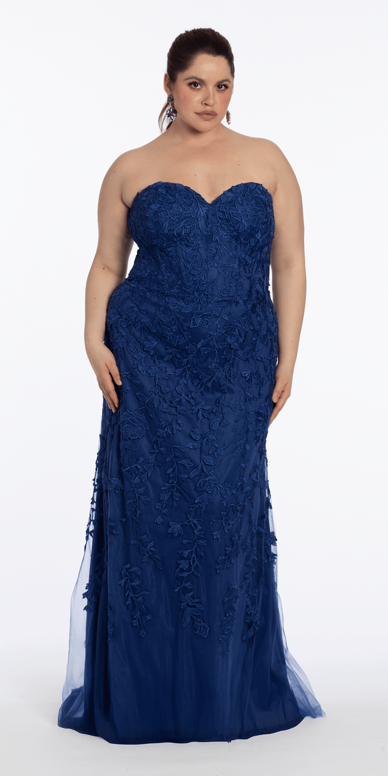 Strapless Mesh Embroidered Lace Up Back Column Dress – Camille La Vie