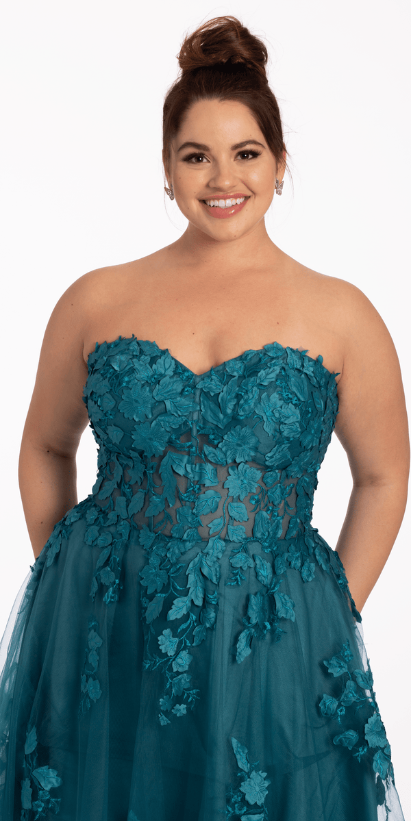 AC 799 - Floral Lace Applique Over Tulle Fit & Flare Prom Gown with Scoop  Neck & Open Lace Up Corset Back