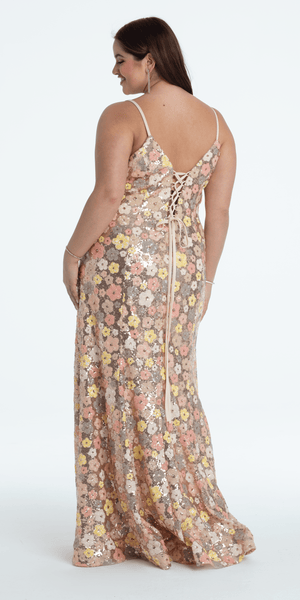 Plunging Sequin Daisy Lace Up Back Trumpet Dress Image 3