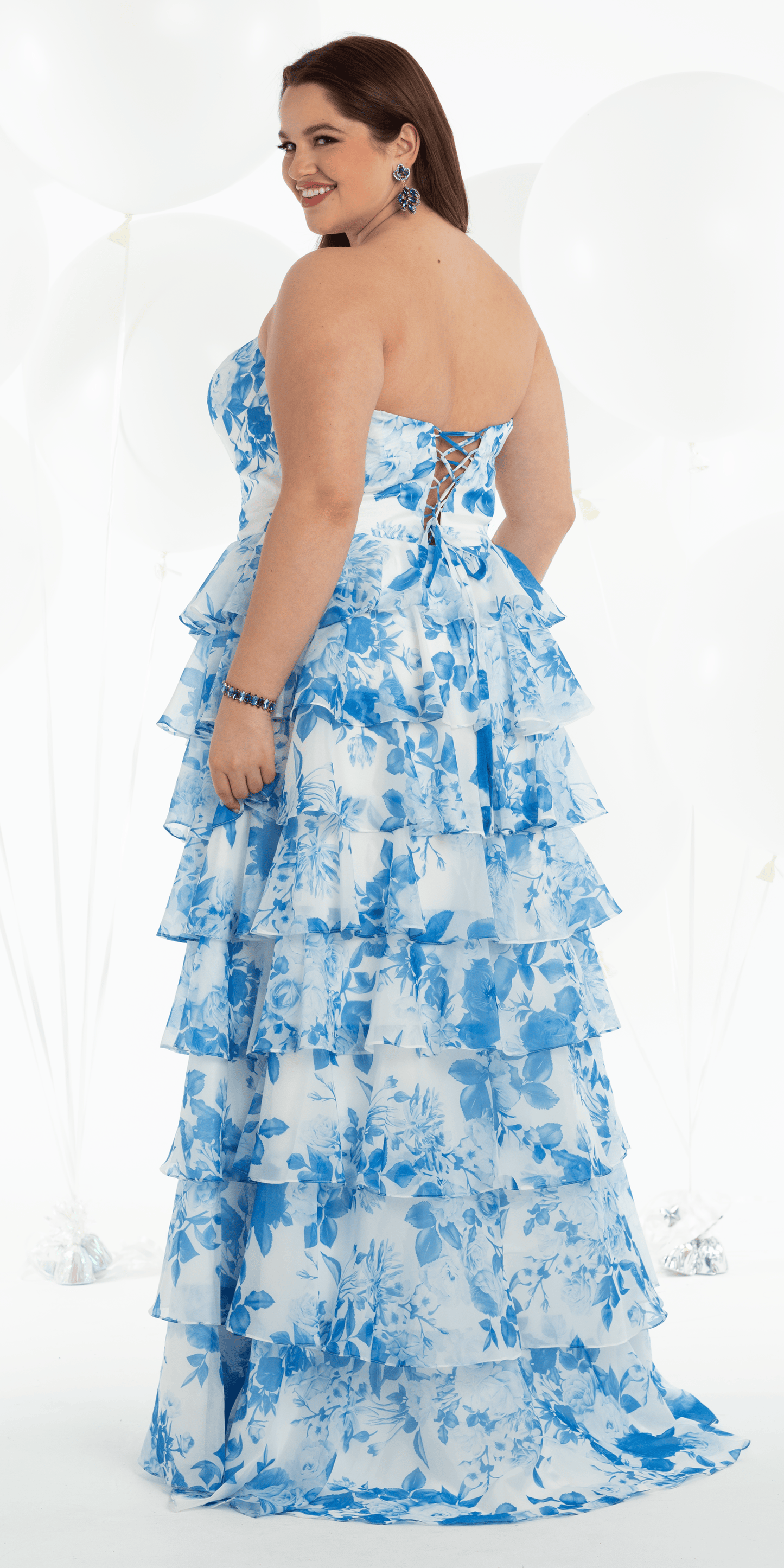 Camille La Vie Strapless Floral Chiffon Tiered Ballgown with Side Slit