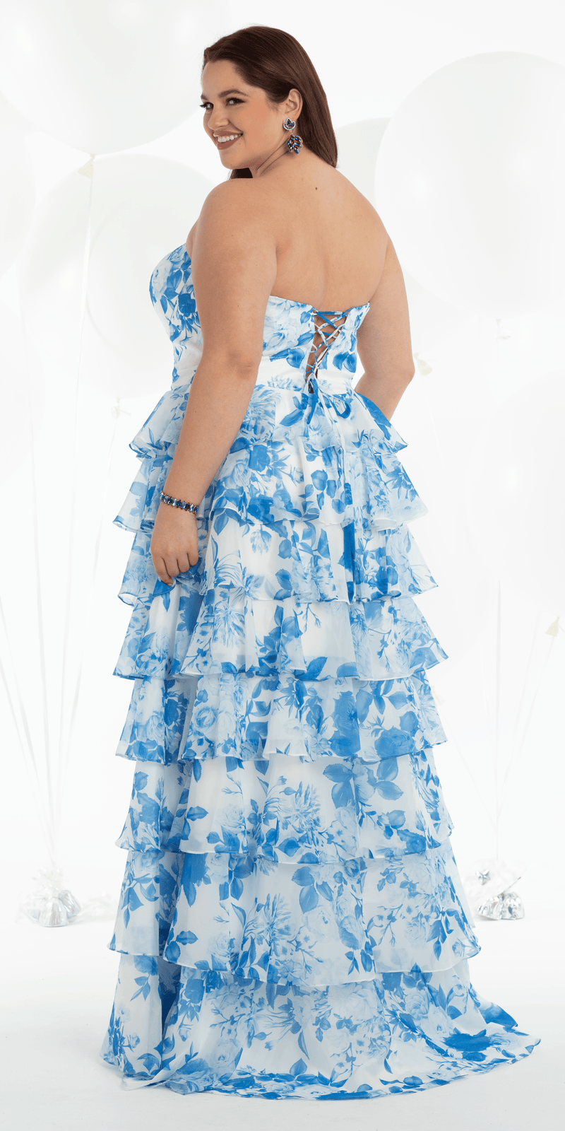 Strapless Floral Chiffon Tiered Ballgown with Side Slit plus / 18 / white-blue Strapless Floral Chiffon Tiered Ballgown with Side Slit plus / 18 / white-blue