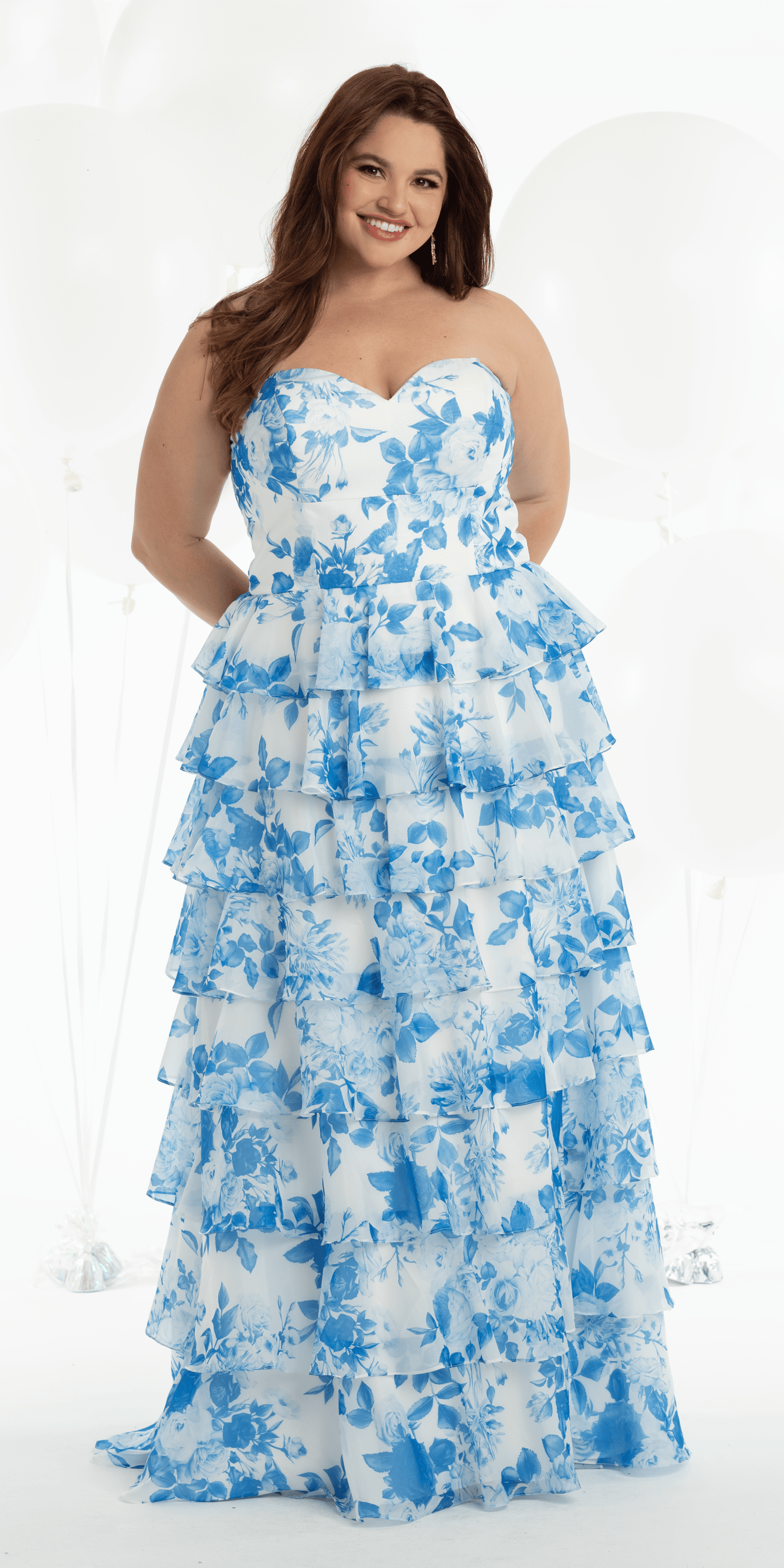Camille La Vie Strapless Floral Chiffon Tiered Ballgown with Side Slit plus / 14 / white-blue