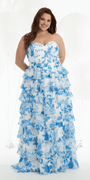 Strapless Floral Chiffon Tiered Ballgown with Side Slit Image 8