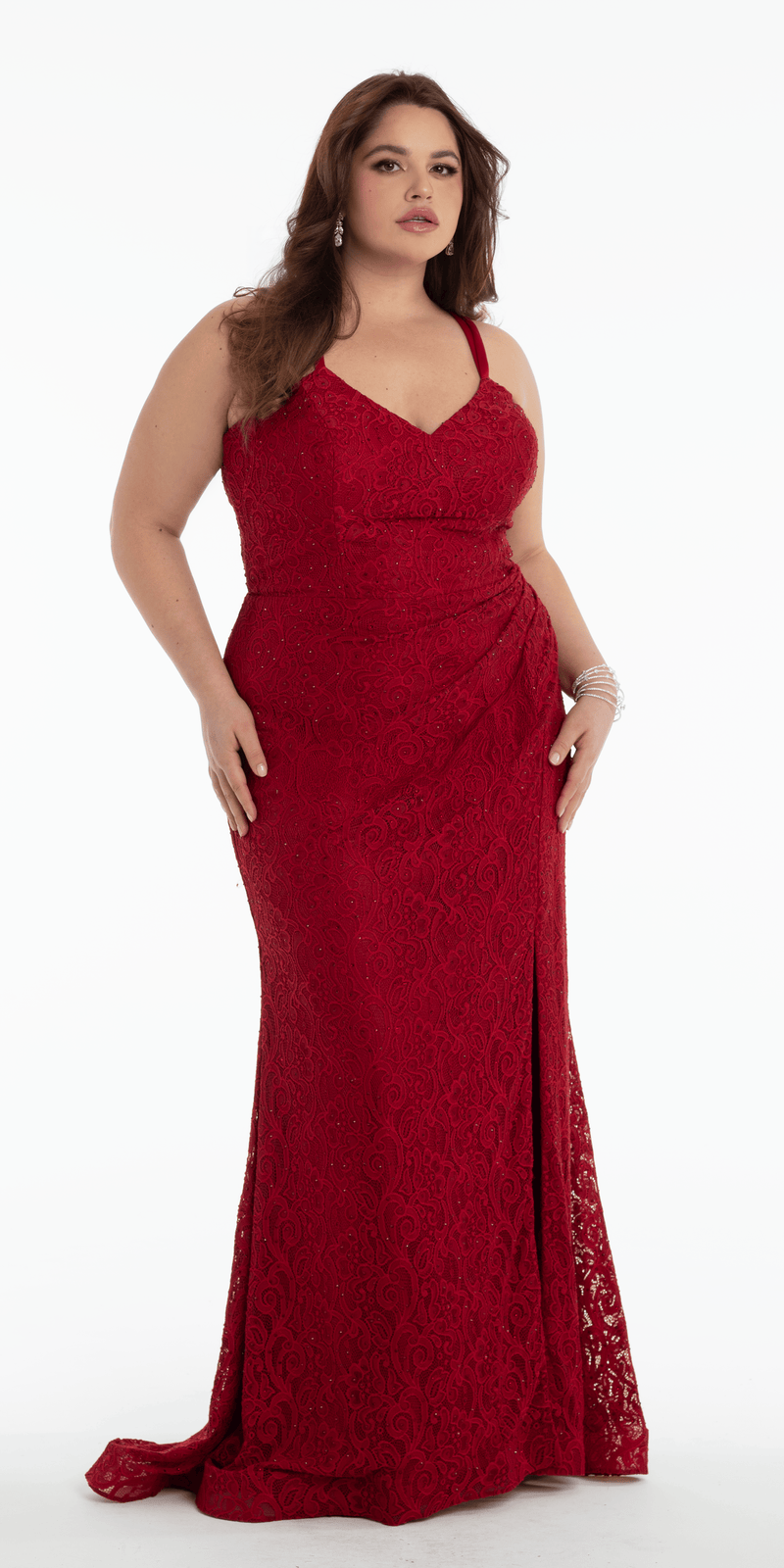 wine/size/14/plus/Camille La Vie/Sweetheart Lace Strappy Back Column Dress with Heat Set Stones /front alt
