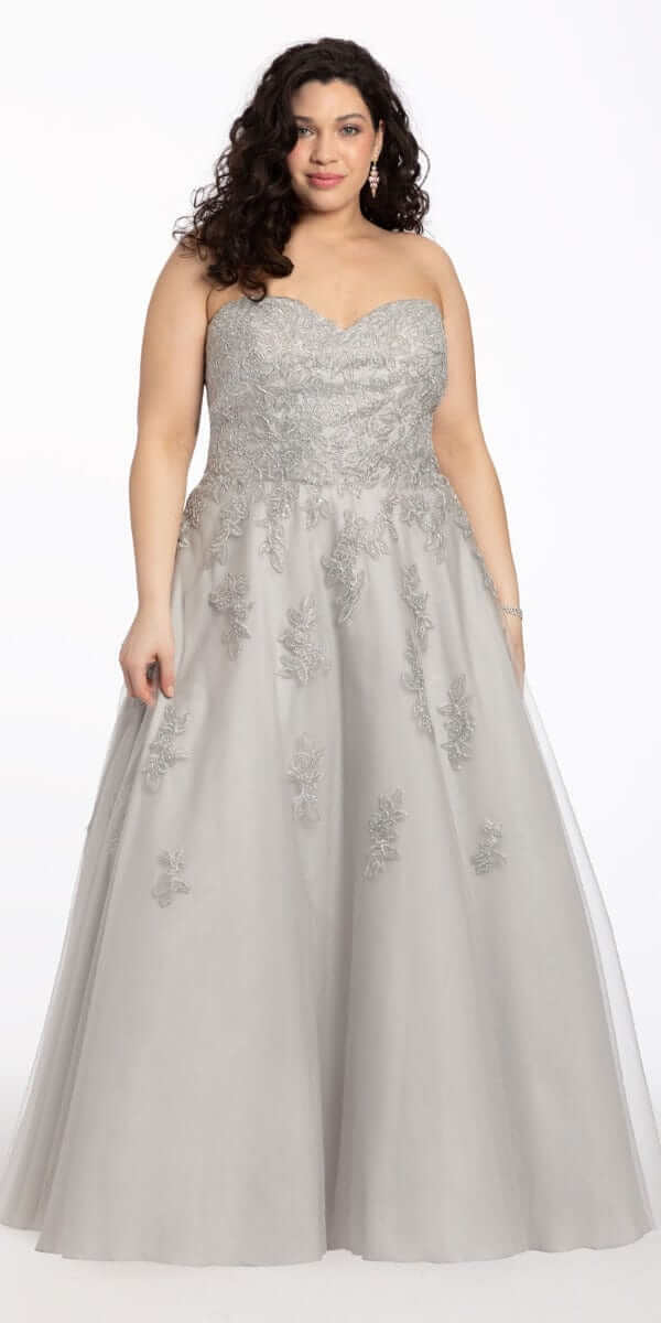 silver/size/14/plus/Camille La Vie/Metallic Lace Applique Sweetheart Tulle Ballgown/front