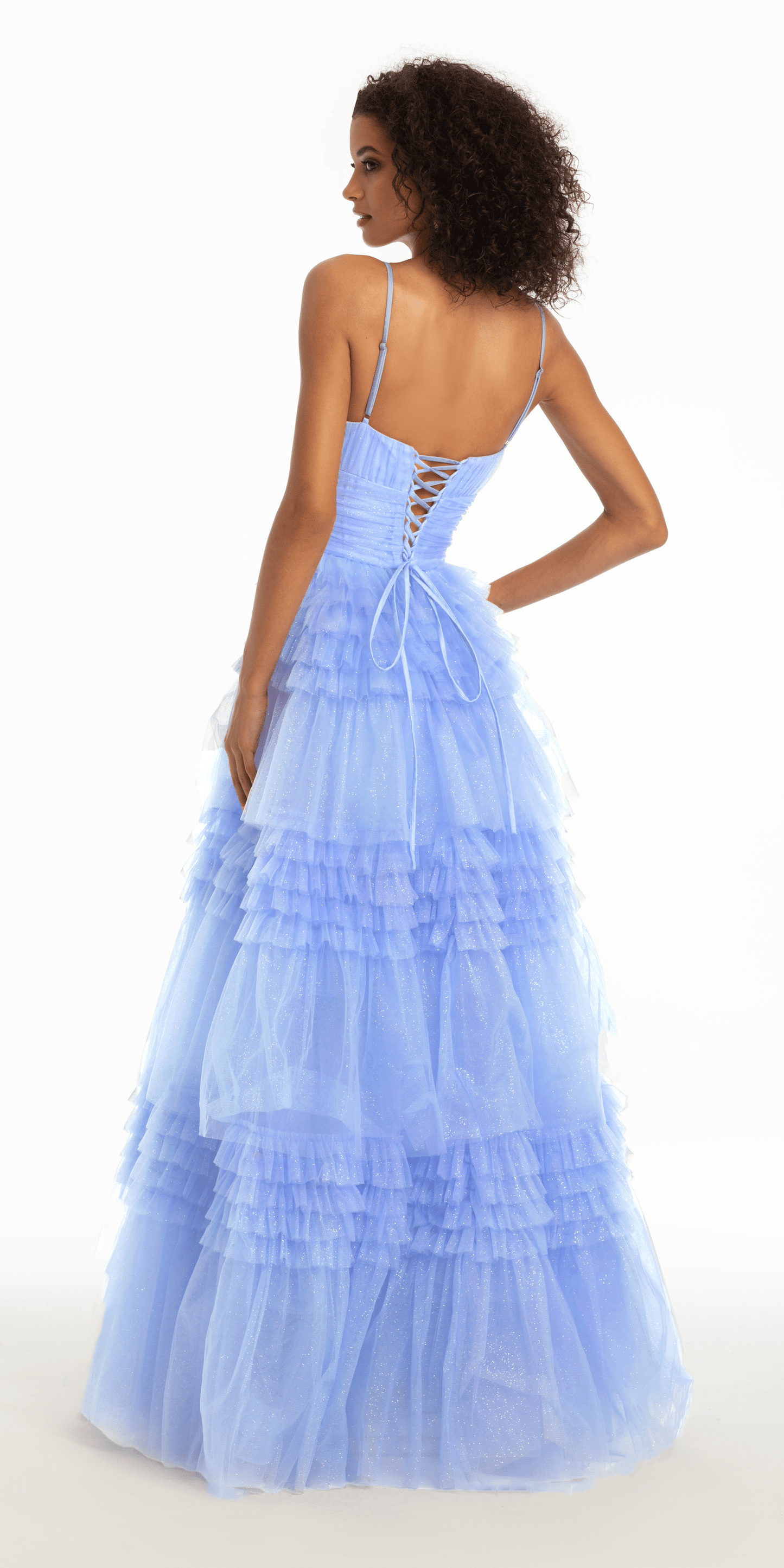 Camille La Vie Sweetheart Mesh Ruched Tiered Lace Up Back Ballgown