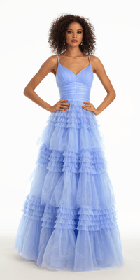 Blue Tulle Beaded Long Senior Prom Dress, A-Line Strapless Evening Par