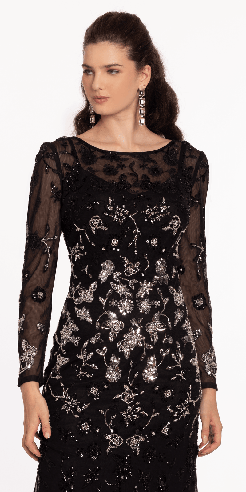 Mesh Long Sleeve Boatneck Column Dress with Beading Missy / 10 / Black-Silver Mesh Long Sleeve Boatneck Column Dress with Beading Missy / 10 / Black-Silver