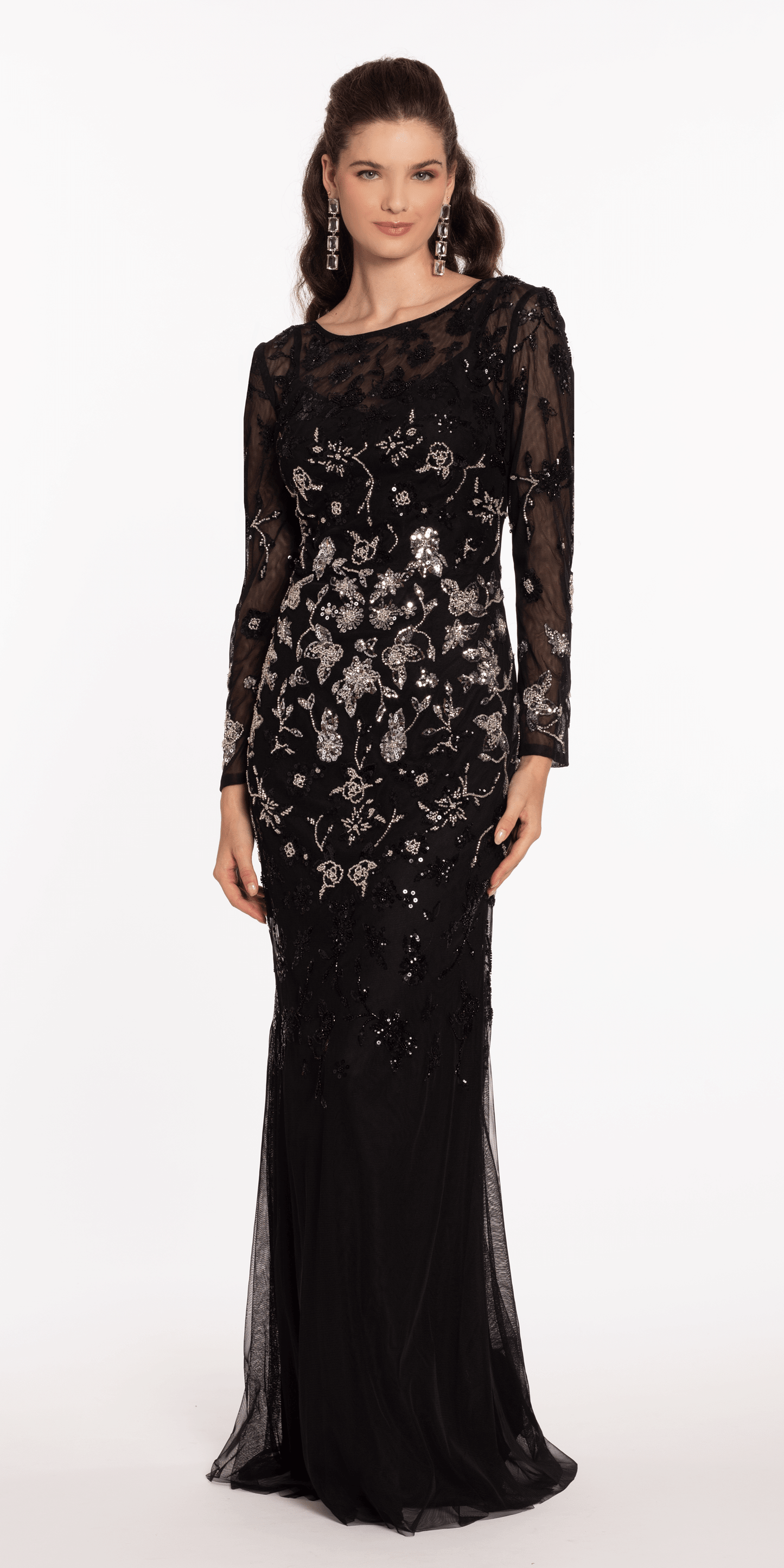 Mesh Long Sleeve Boatneck Column Dress with Beading Missy / 10 / Black-Silver Mesh Long Sleeve Boatneck Column Dress with Beading Missy / 10 / Black-Silver