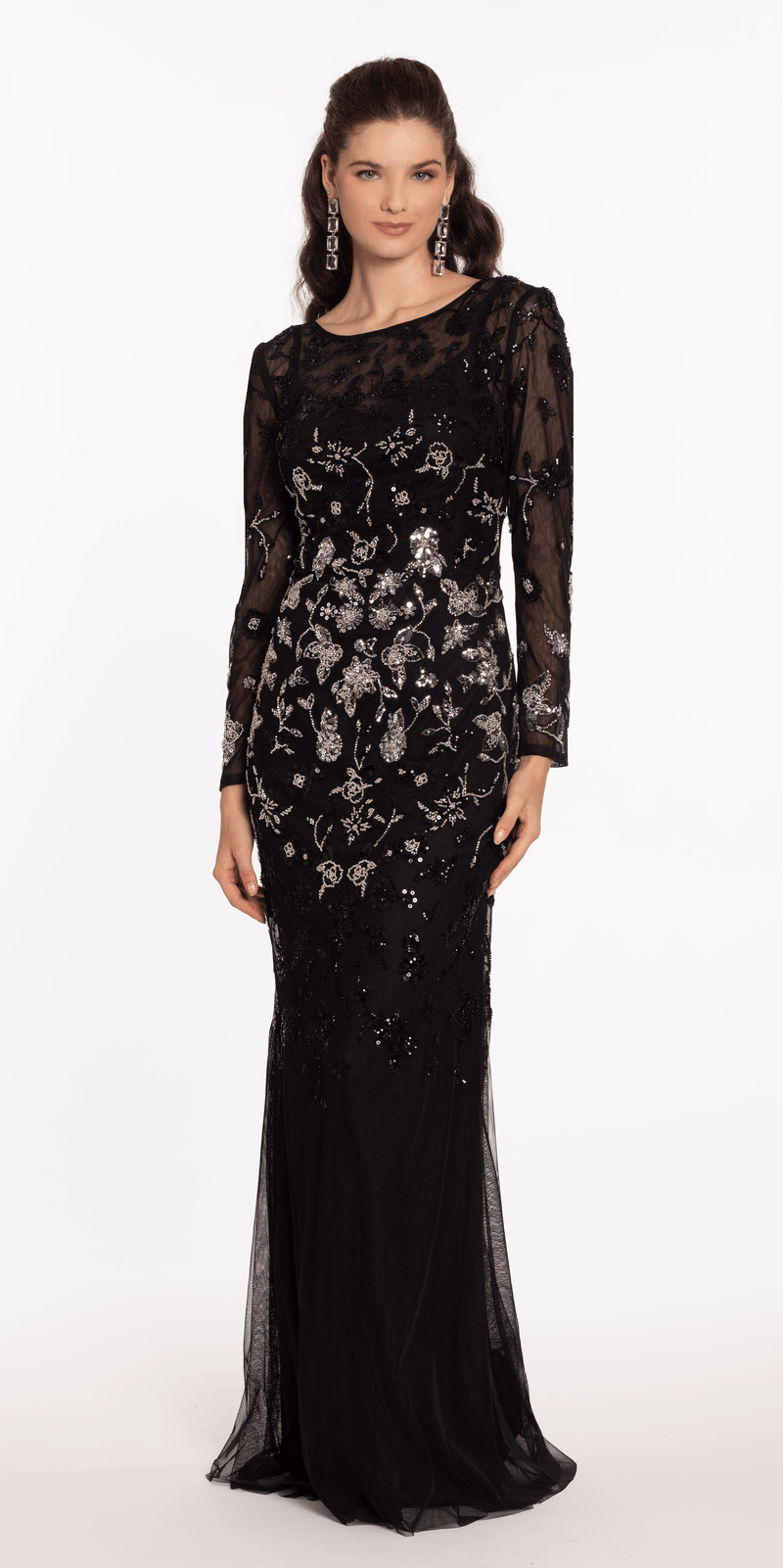 Mesh Long Sleeve Boatneck Column Dress with Beading Image 1