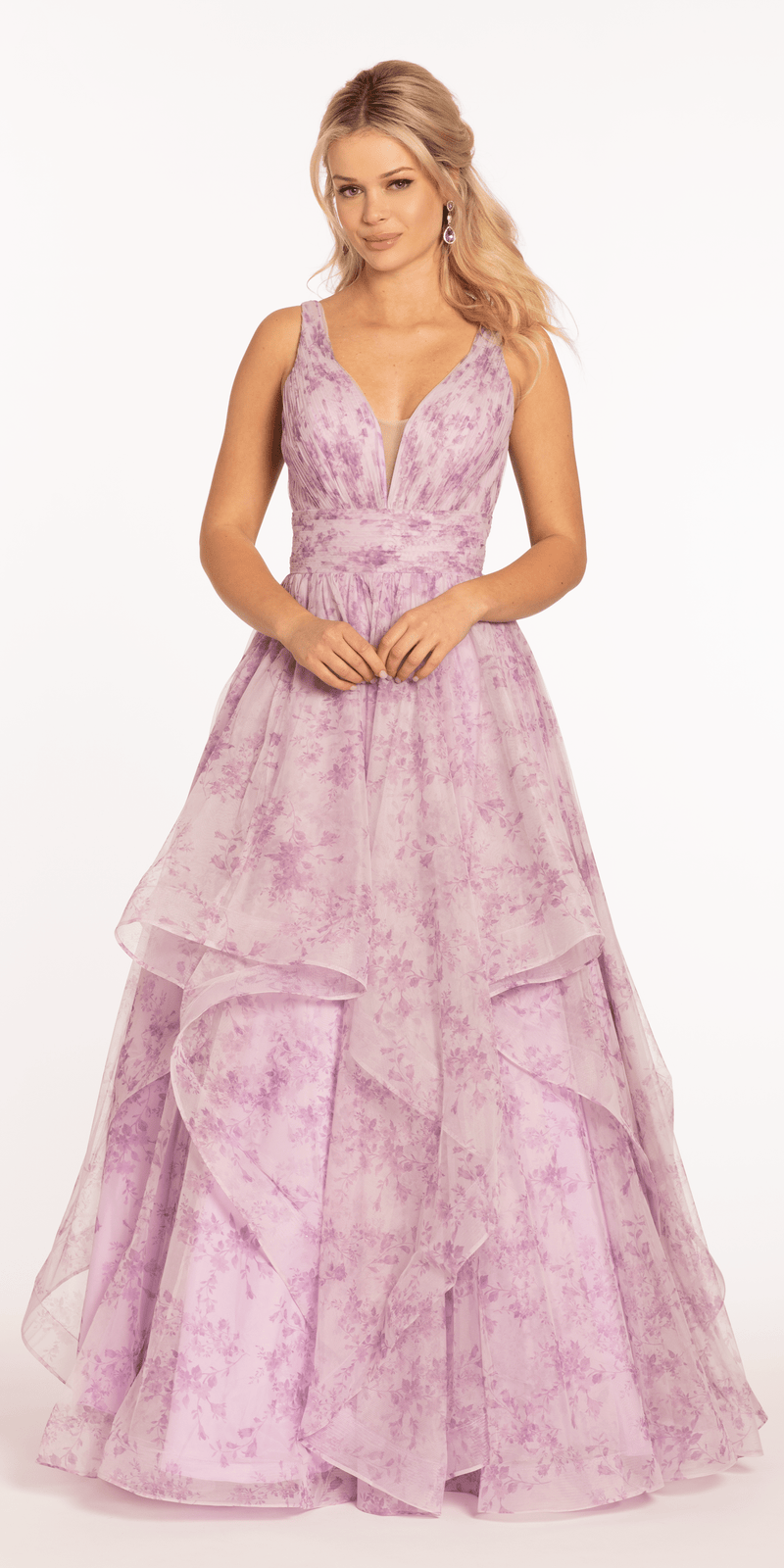 Floral Pleated Plunging Mesh Tiered Ballgown Image 1