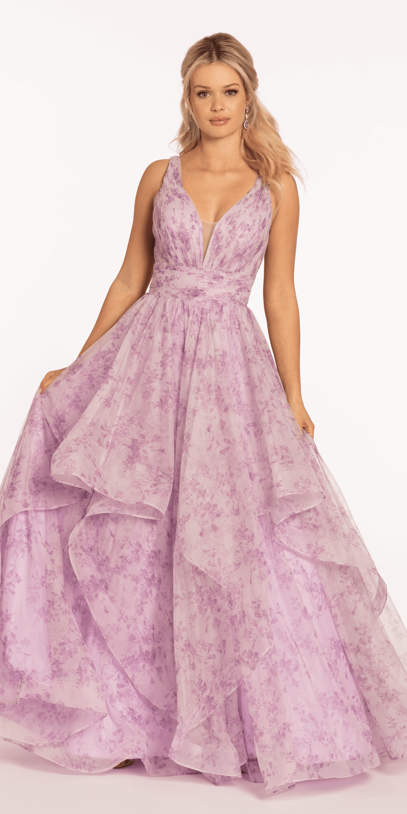 Floral Pleated Plunging Mesh Tiered Ballgown Image 2
