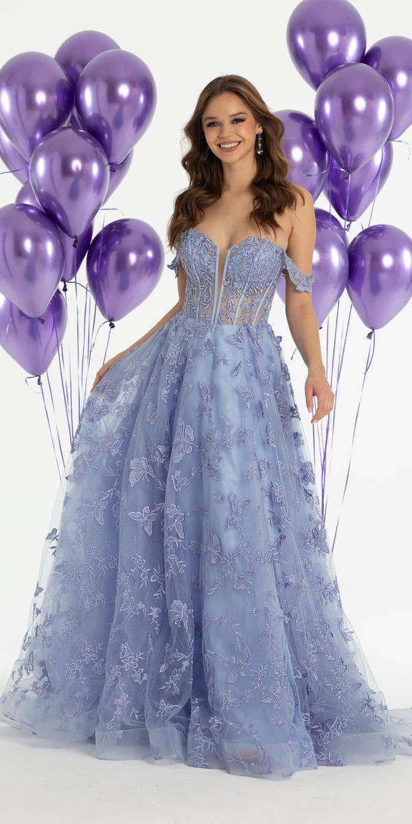 Off the Shoulder Butterfly Embroidered Tulle Lace Up Back Ballgown Image 1