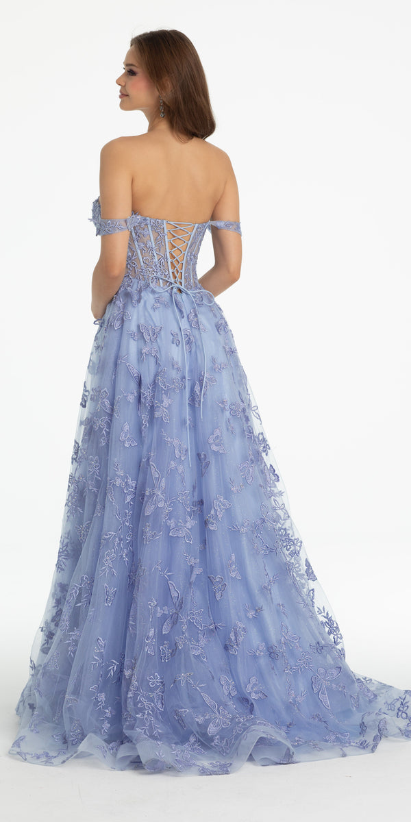 Off the Shoulder Butterfly Embroidered Tulle Lace Up Back Ballgown Image 5