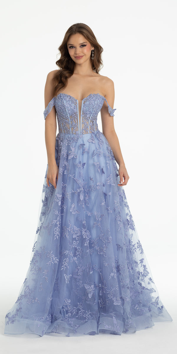 Off the Shoulder Butterfly Embroidered Tulle Lace Up Back Ballgown Image 4
