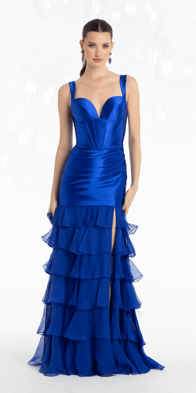 Satin Plunge Corset Mermaid Dress with Chiffon Tiers petite / 4 / royal-blue