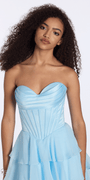 Camille La Vie Satin Chiffon Strapless Tiered Corset Fit and Flare Dress