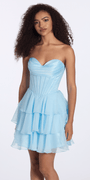 Camille La Vie Satin Chiffon Strapless Tiered Corset Fit and Flare Dress missy / 0 / light-blue