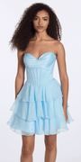 Camille La Vie Satin Chiffon Strapless Tiered Corset Fit and Flare Dress