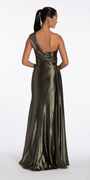 Camille La Vie Stretch Satin One Shoulder Column Dress with Cascade