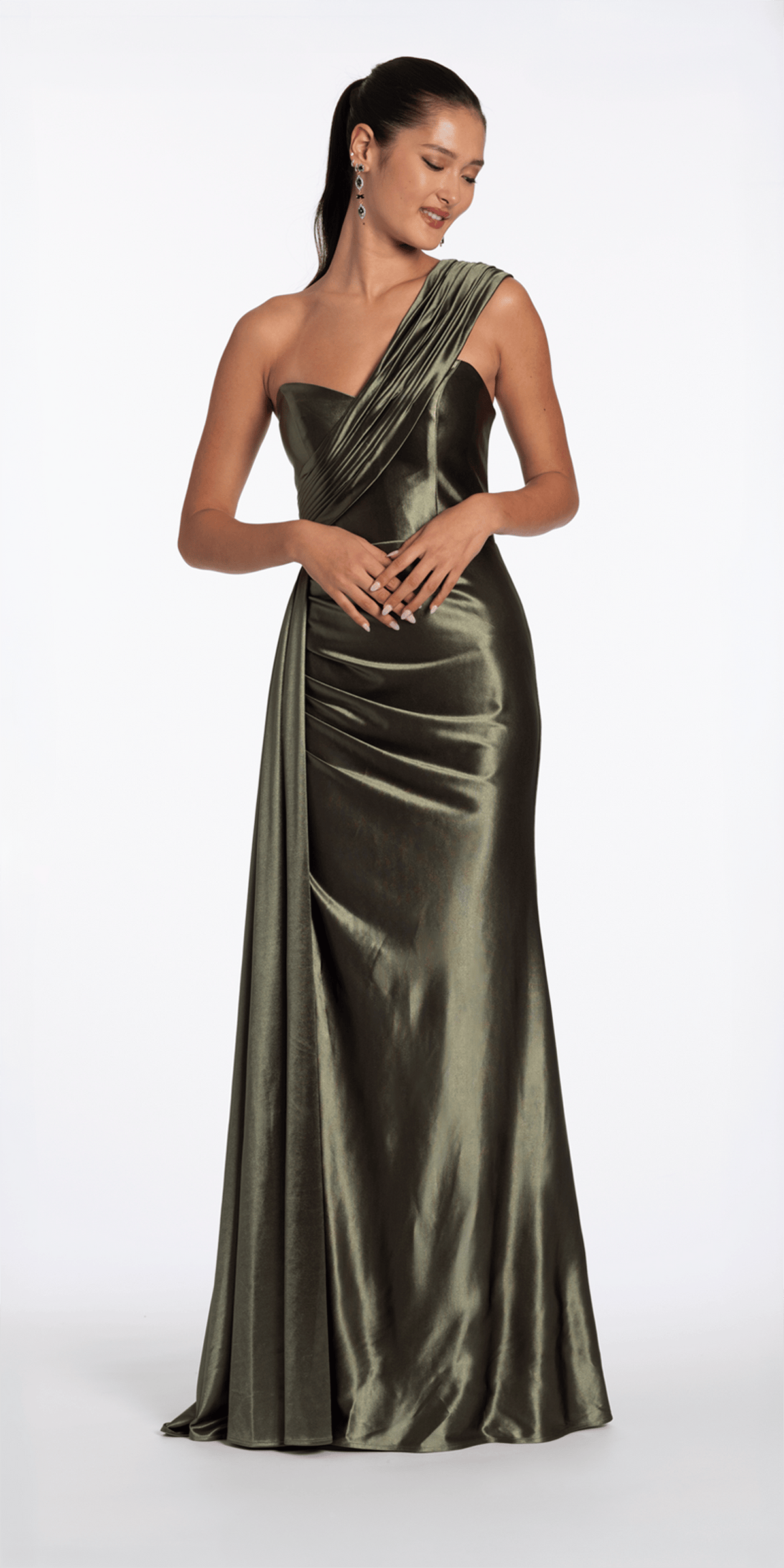 Camille La Vie Stretch Satin One Shoulder Column Dress with Cascade missy / 2 / olive