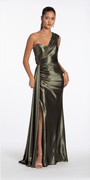 Camille La Vie Stretch Satin One Shoulder Column Dress with Cascade